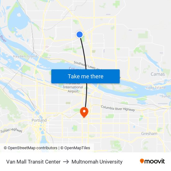 Van Mall Transit Center to Multnomah University map
