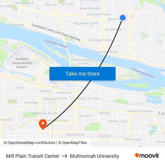 Mill Plain Transit Center to Multnomah University map