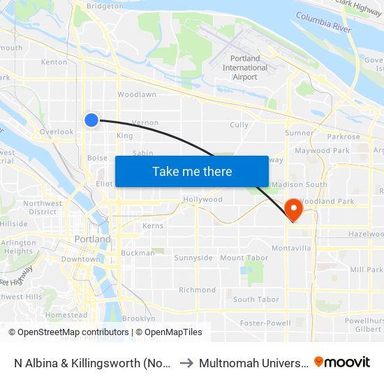 N Albina & Killingsworth (North) to Multnomah University map