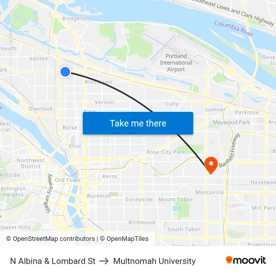 N Albina & Lombard St to Multnomah University map