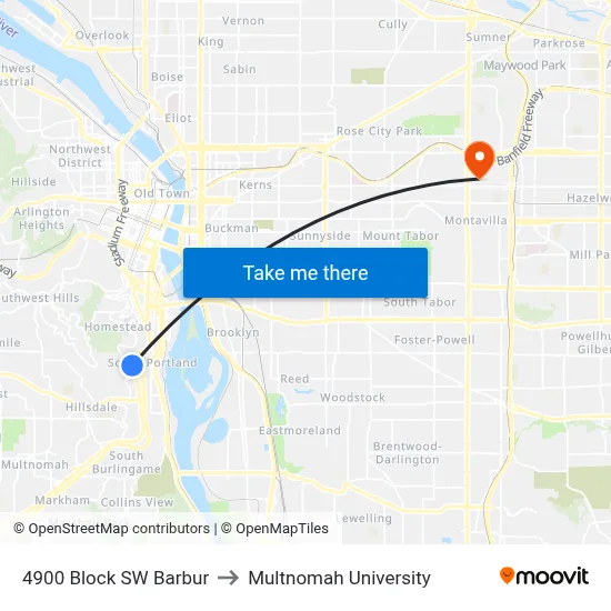 4900 Block SW Barbur to Multnomah University map