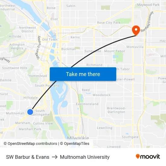 SW Barbur & Evans to Multnomah University map