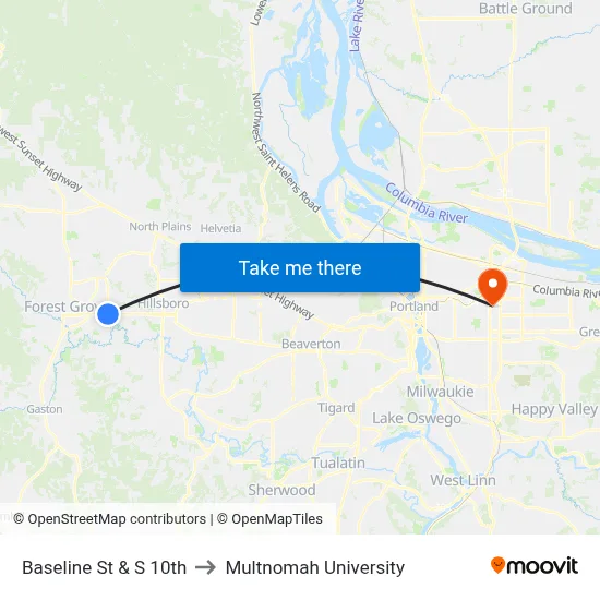 Baseline St & S 10th to Multnomah University map