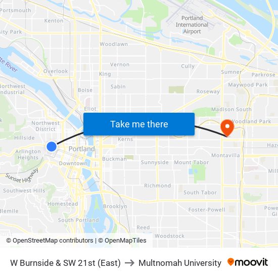 W Burnside & SW 21st (East) to Multnomah University map