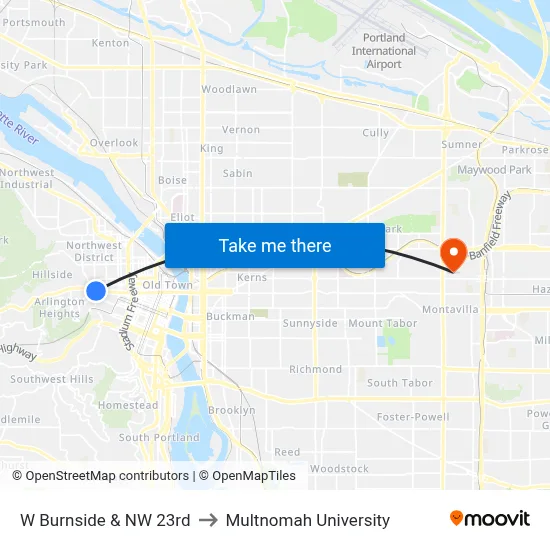 W Burnside & NW 23rd to Multnomah University map
