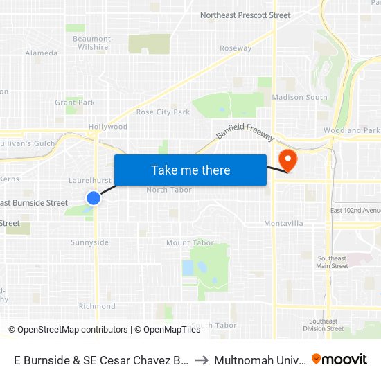 E Burnside & SE Cesar Chavez Blvd (East) to Multnomah University map