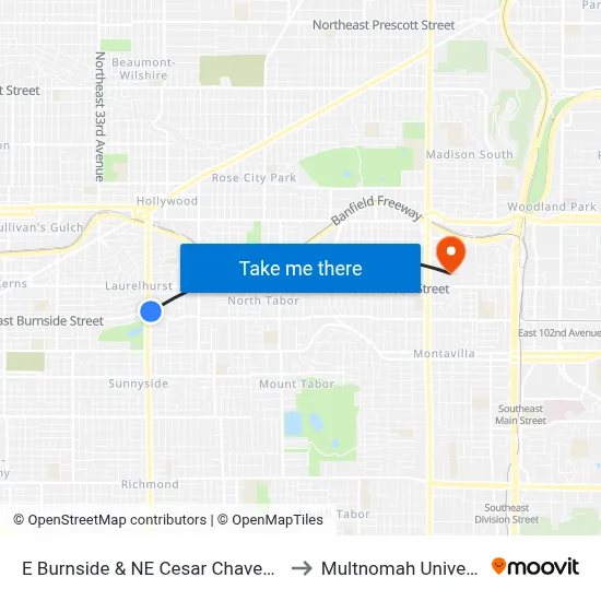 E Burnside & NE Cesar Chavez Blvd to Multnomah University map