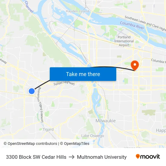 3300 Block SW Cedar Hills to Multnomah University map