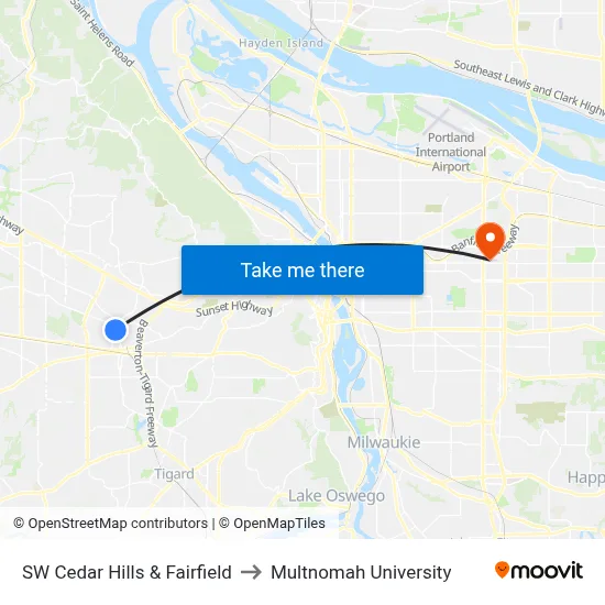 SW Cedar Hills & Fairfield to Multnomah University map