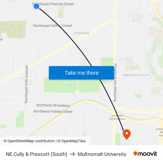 NE Cully & Prescott (South) to Multnomah University map