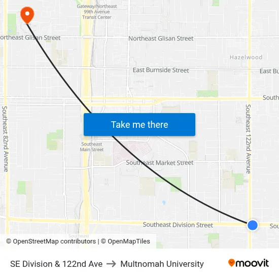 SE Division & 122nd Ave to Multnomah University map