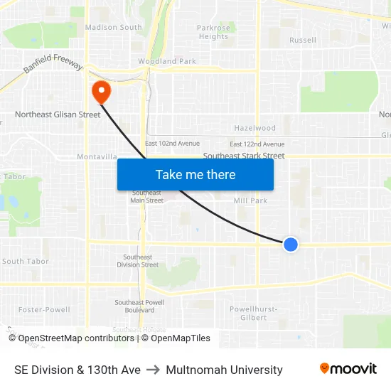 SE Division & 130th Ave to Multnomah University map