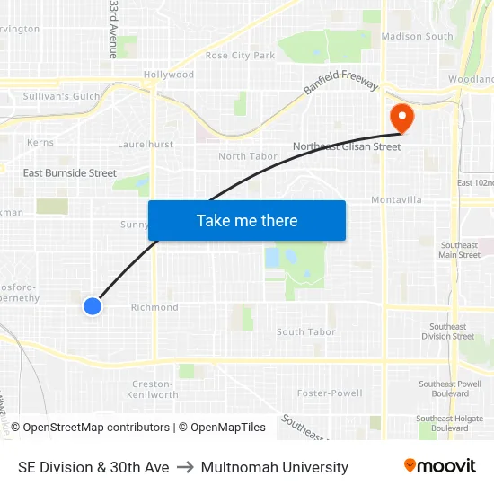 SE Division & 30th Ave to Multnomah University map