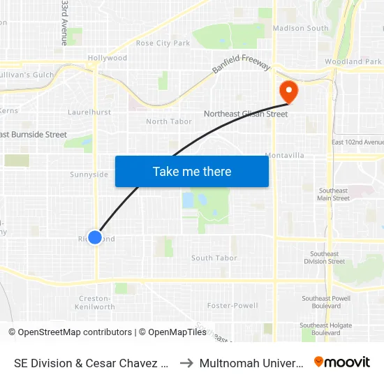 SE Division & Cesar Chavez Blvd to Multnomah University map