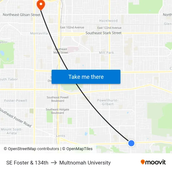 SE Foster & 134th to Multnomah University map