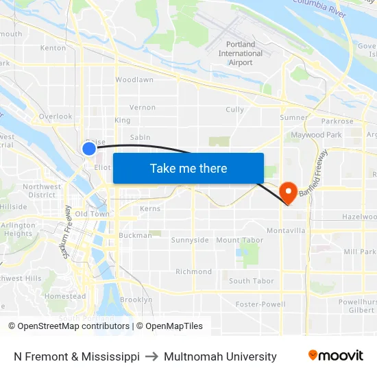 N Fremont & Mississippi to Multnomah University map