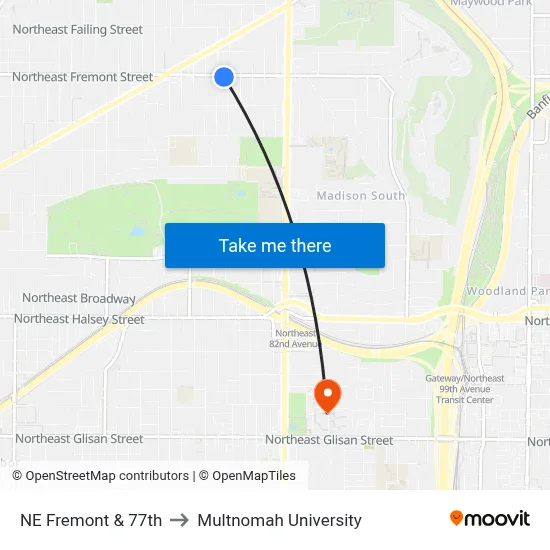 NE Fremont & 77th to Multnomah University map