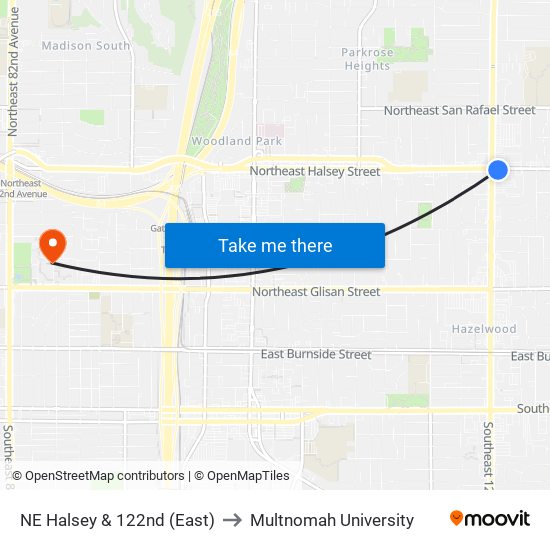 NE Halsey & 122nd (East) to Multnomah University map