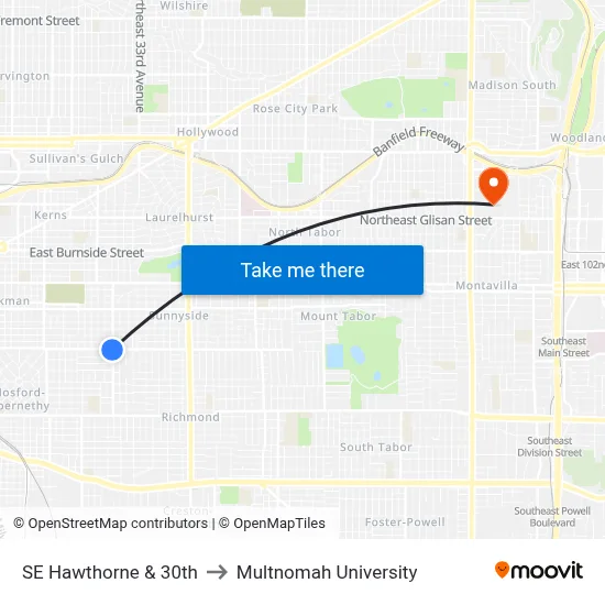 SE Hawthorne & 30th to Multnomah University map