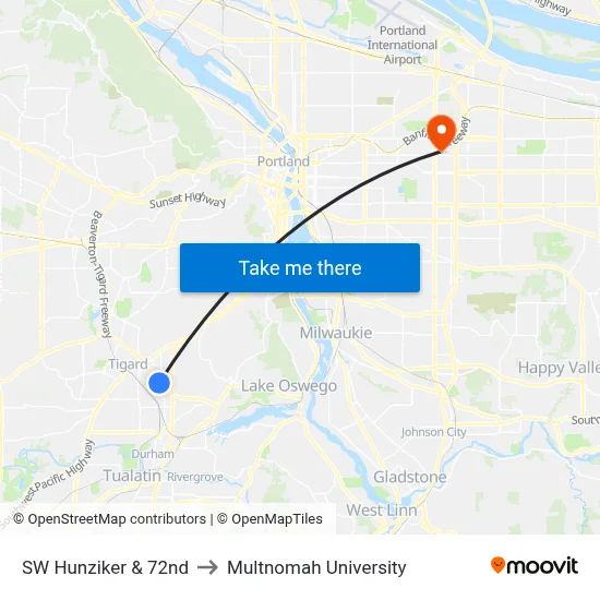 SW Hunziker & 72nd to Multnomah University map