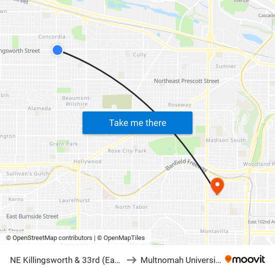 NE Killingsworth & 33rd (East) to Multnomah University map