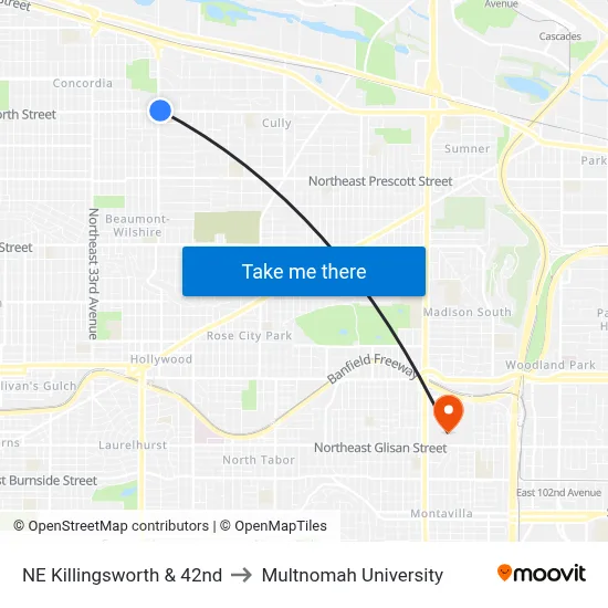 NE Killingsworth & 42nd to Multnomah University map