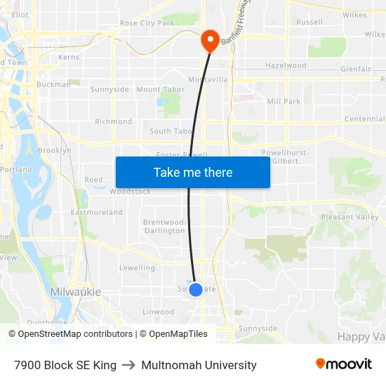 7900 Block SE King to Multnomah University map
