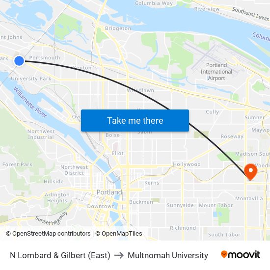 N Lombard & Gilbert (East) to Multnomah University map