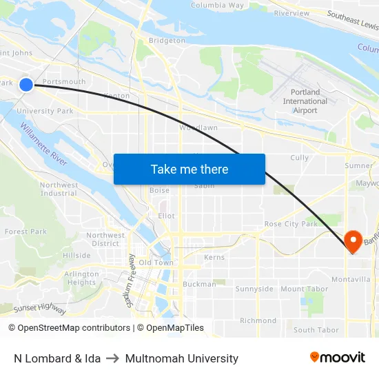 N Lombard & Ida to Multnomah University map