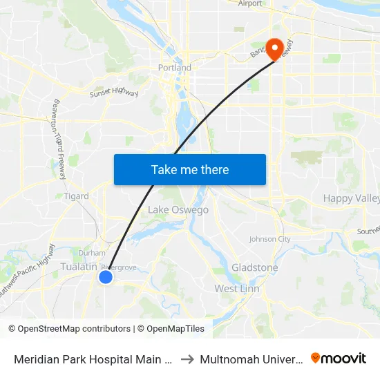 Meridian Park Hospital Main Stop to Multnomah University map