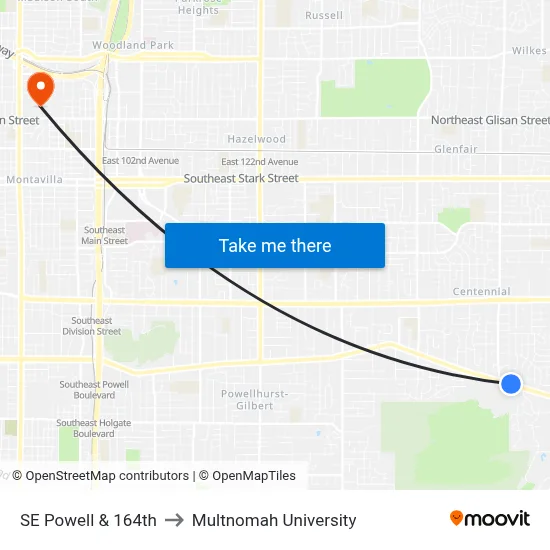 SE Powell & 164th to Multnomah University map