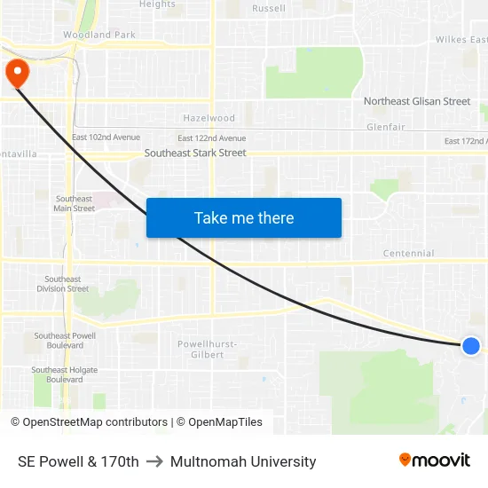 SE Powell & 170th to Multnomah University map