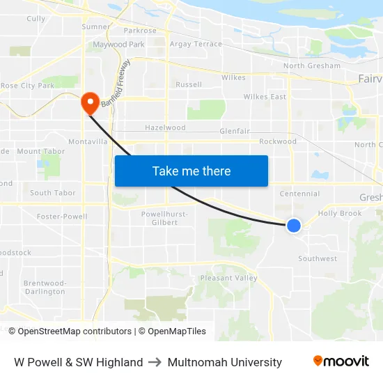 W Powell & SW Highland to Multnomah University map
