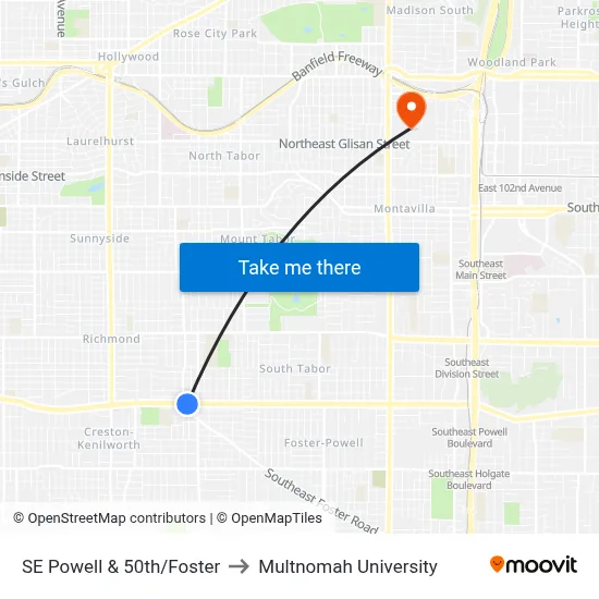 SE Powell & 50th/Foster to Multnomah University map