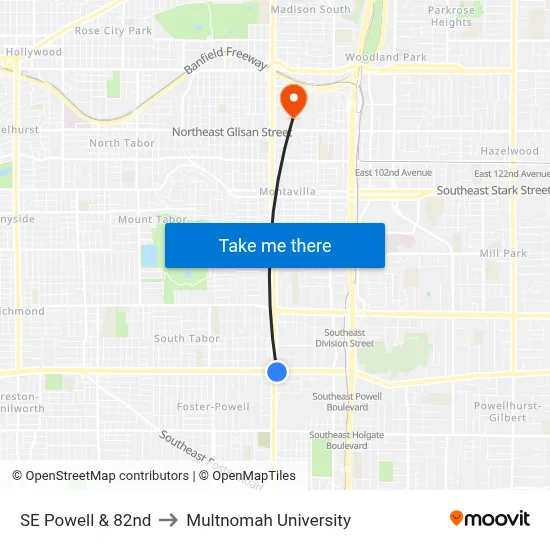SE Powell & 82nd to Multnomah University map