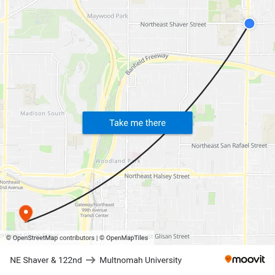 NE Shaver & 122nd to Multnomah University map