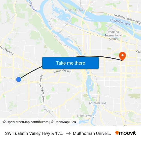 SW Tualatin Valley Hwy & 170th to Multnomah University map