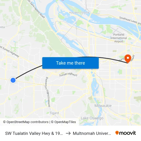 SW Tualatin Valley Hwy & 198th to Multnomah University map