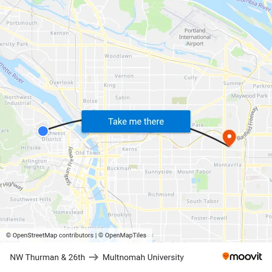 NW Thurman & 26th to Multnomah University map