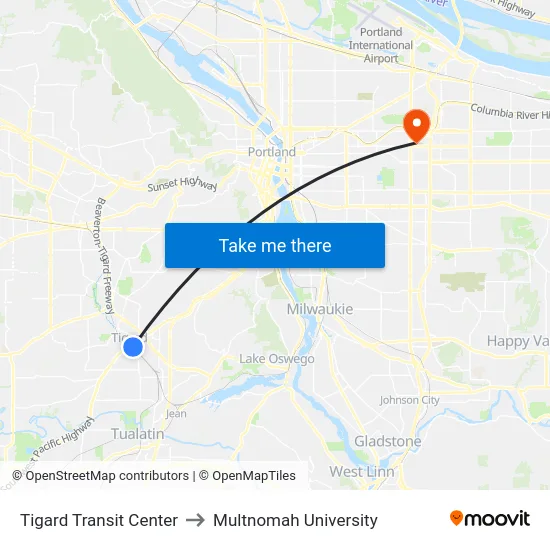 Tigard Transit Center to Multnomah University map