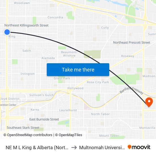 NE M L King & Alberta (North) to Multnomah University map