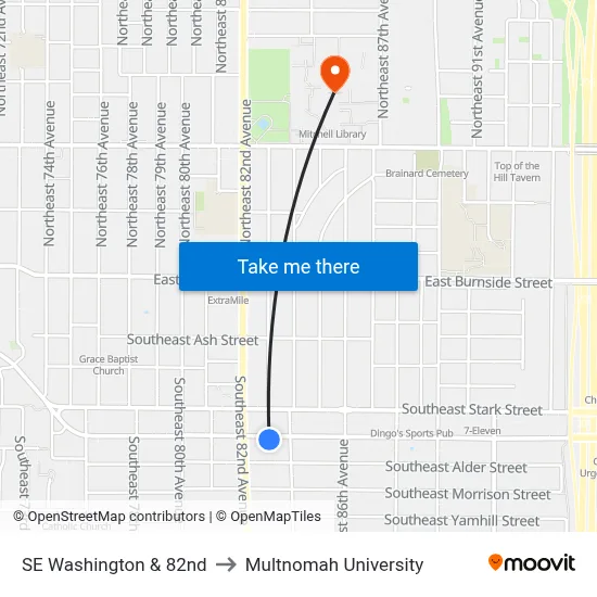 SE Washington & 82nd to Multnomah University map