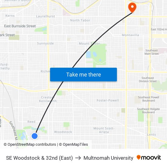 SE Woodstock & 32nd (East) to Multnomah University map