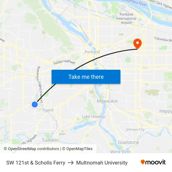 SW 121st & Scholls Ferry to Multnomah University map