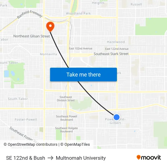 SE 122nd & Bush to Multnomah University map