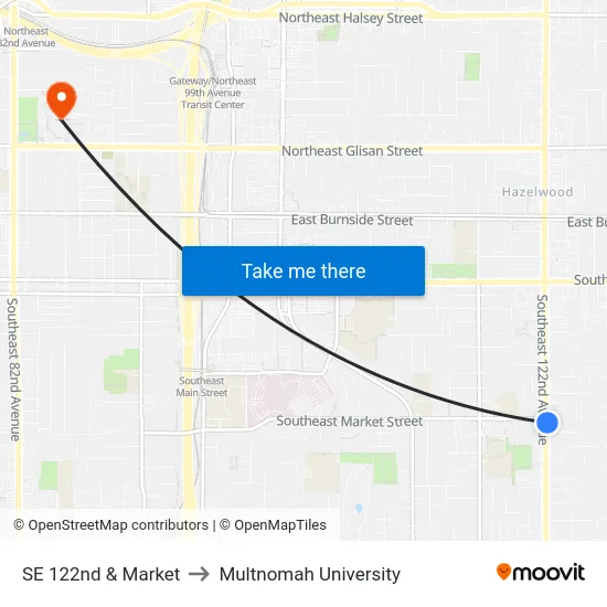 SE 122nd & Market to Multnomah University map