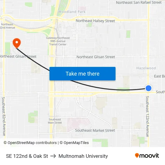 SE 122nd & Oak St to Multnomah University map