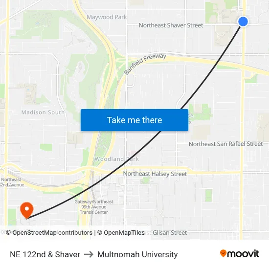 NE 122nd & Shaver to Multnomah University map