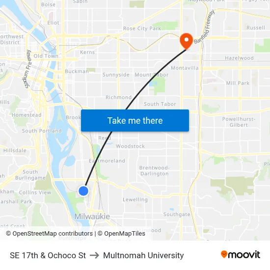 SE 17th & Ochoco St to Multnomah University map