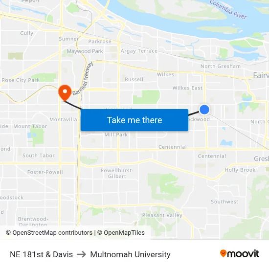 NE 181st & Davis to Multnomah University map